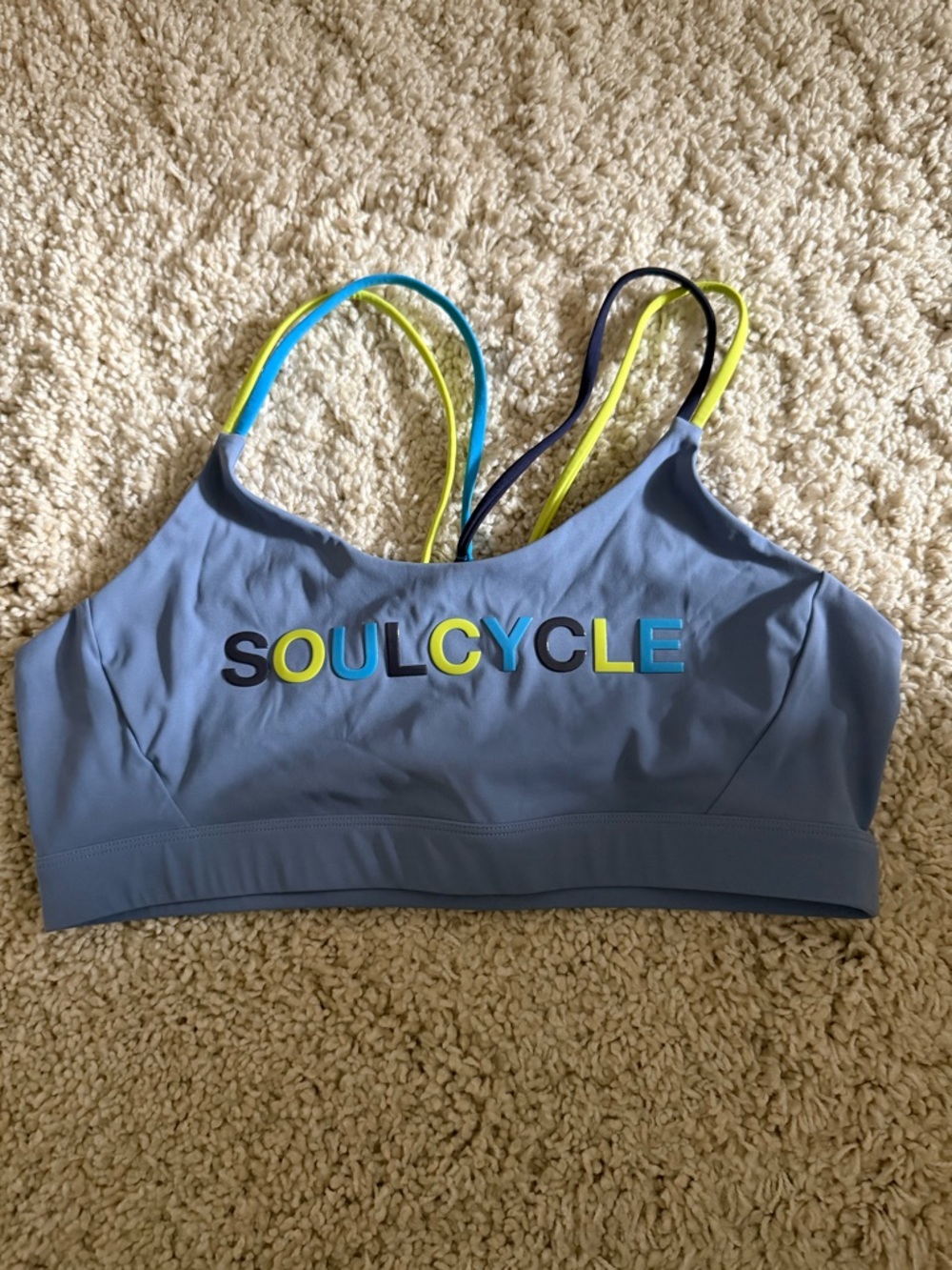 soulcycle Blue Sports Bra with Neon Accent Straps